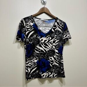 ✨$8 CLEAR-OUT✨ Peter Nygard Zebra Floral Print V-Neck Stretchy Shirt Blue